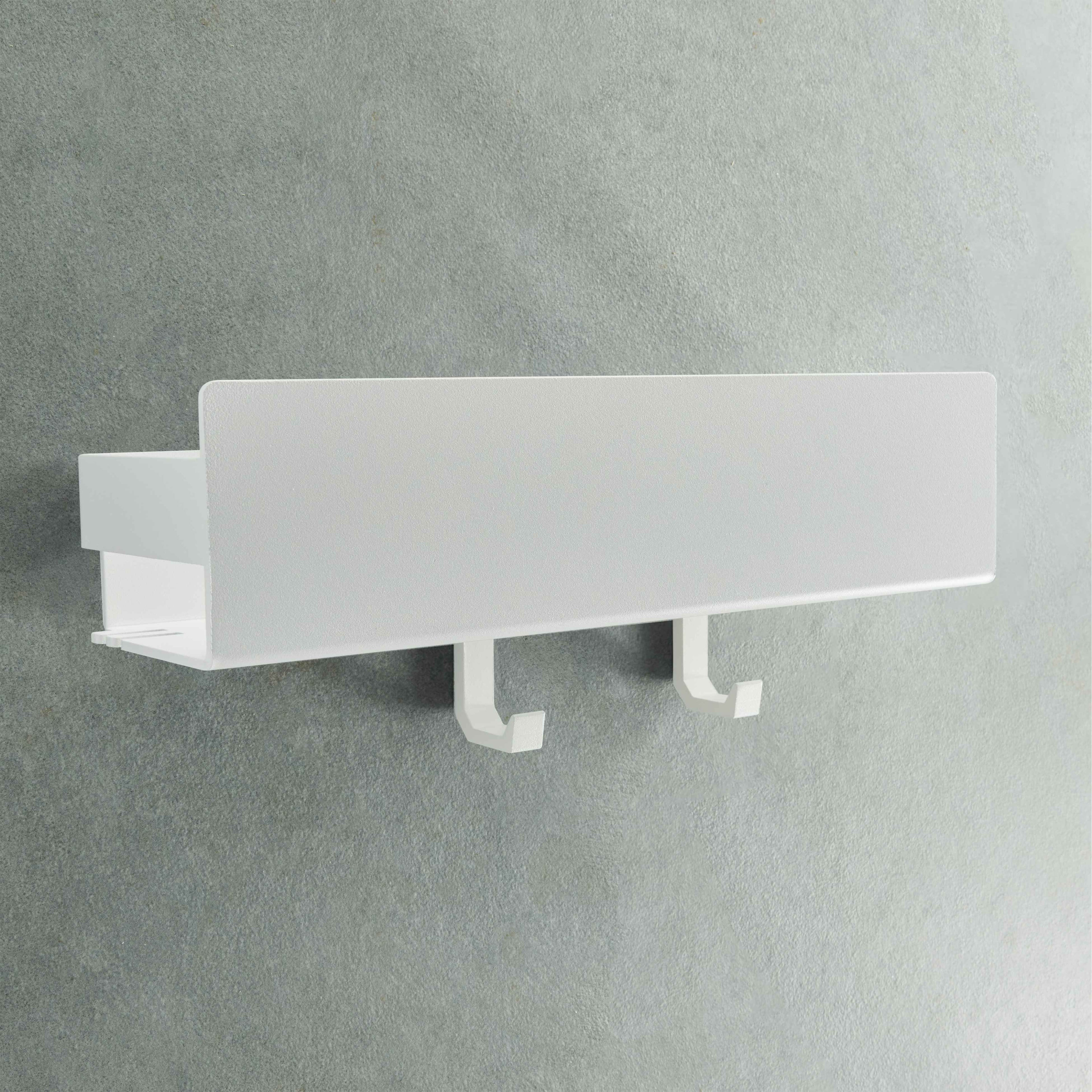 Drill-free shower shelf 12 inch (30 cm) matte white with hooks