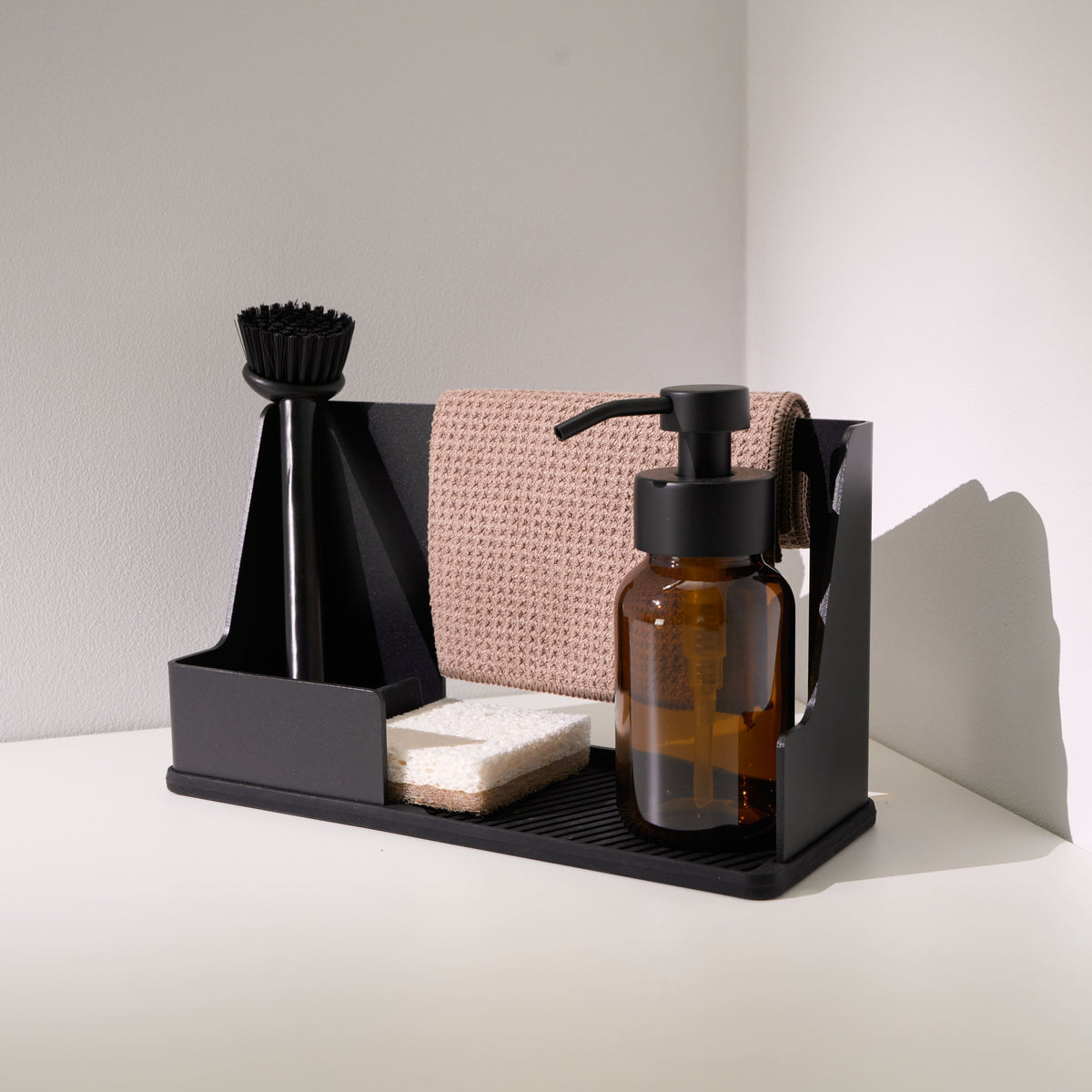 Matte Black kitchen sink caddy organizer with dish brush, sponge and soap, black