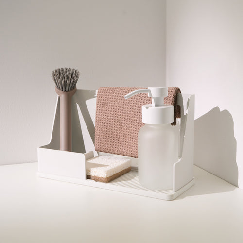 Matte White kitchen sink caddy organizer with dish brush, sponge and soap, white