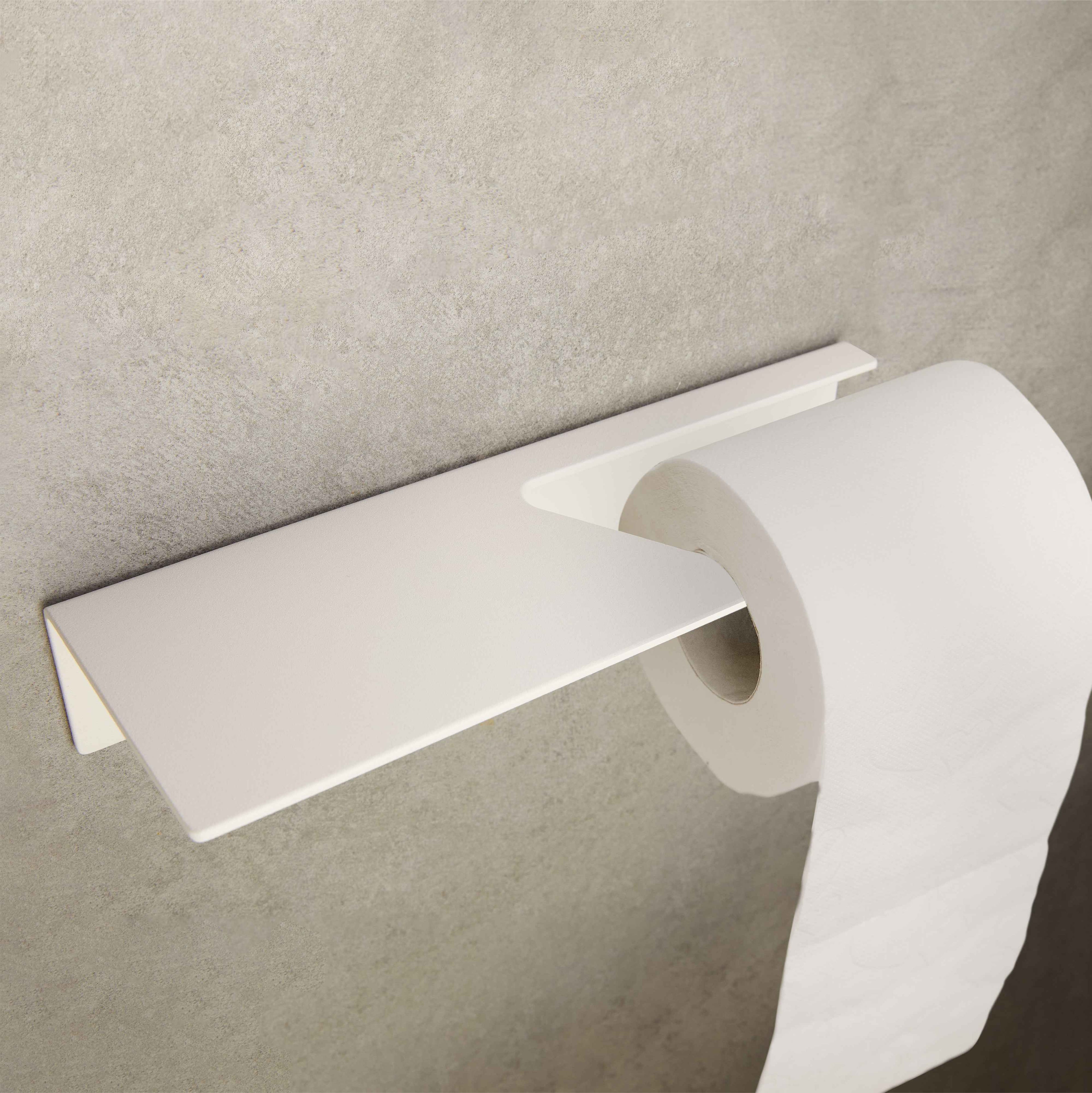 Matte White toilet paper holder with shelf on tile wall