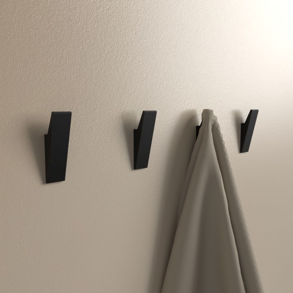Black no-drill adhesive aluminum wall hook, set of 4 product render