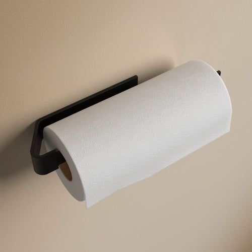 Matte Black drill-free paper towel holder, wall-mounted render