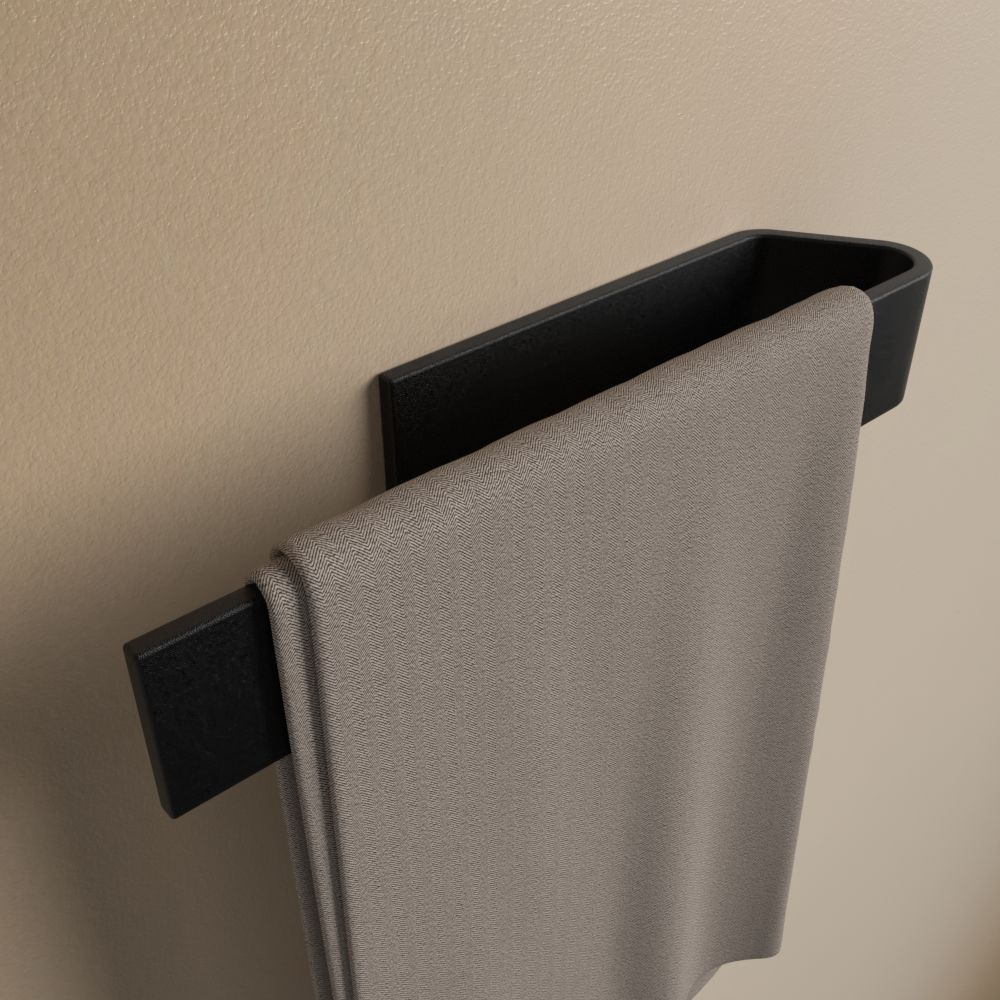 Matte Black drill-free adhesive towel bar, 9 inch (22cm) — Klebr render