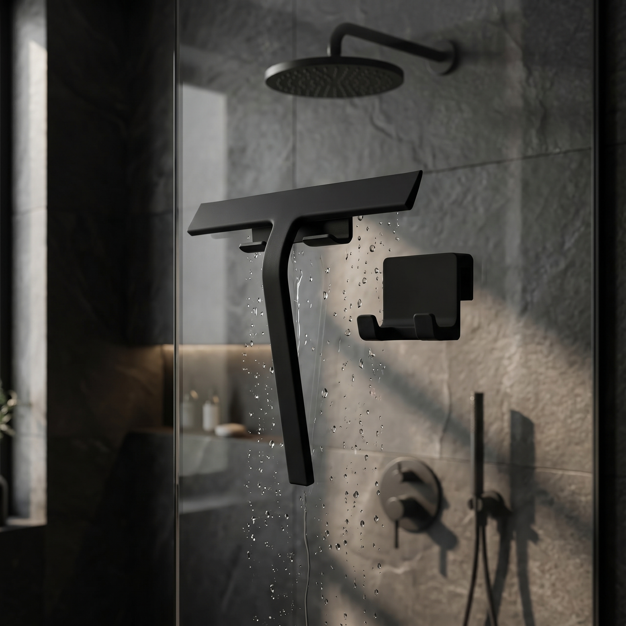 Matte black Klebr shower squeegee hanging on a glass shower screen