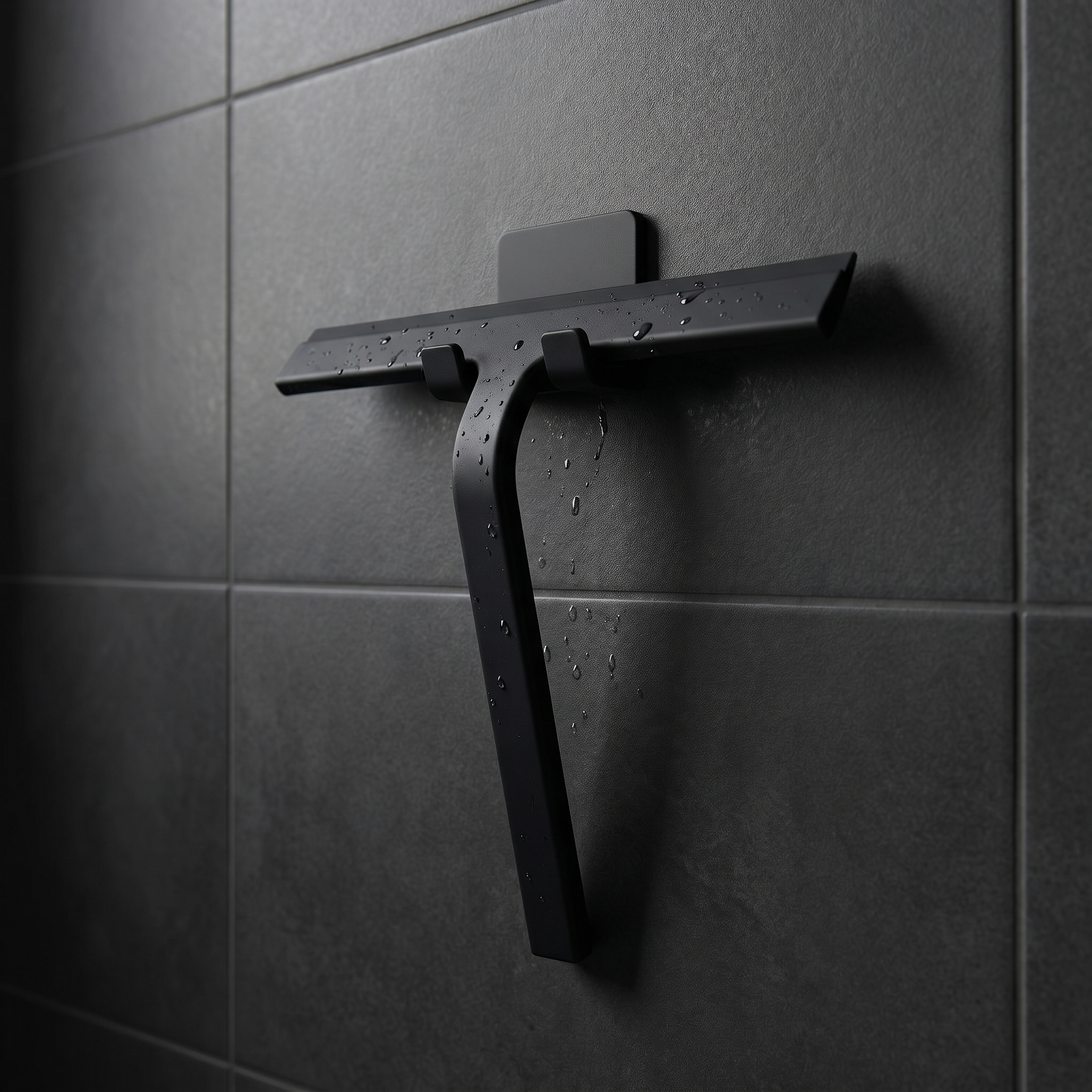 Matte black Klebr shower squeegee resting in its no-drill adhesive wall holder
