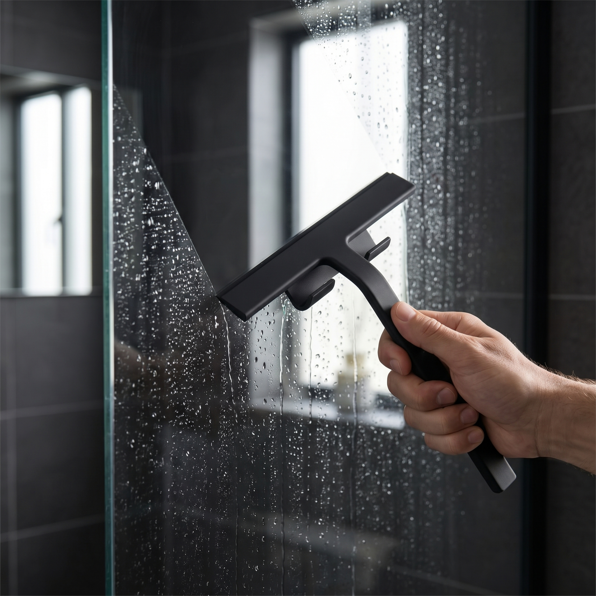 Wiping a glass shower door streak-free with the matte black Klebr squeegee