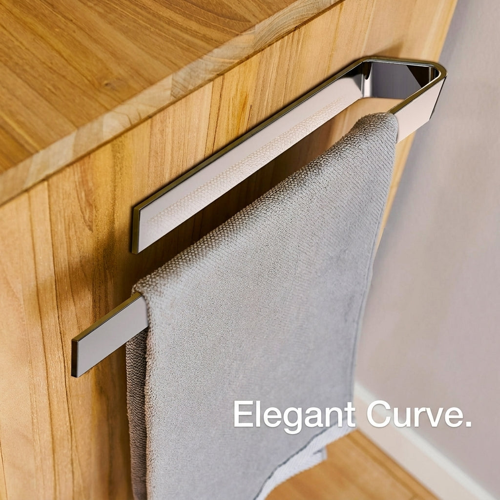 Chrome drill-free adhesive towel bar, elegant curve, holding a towel — chrome lifestyle 40cm