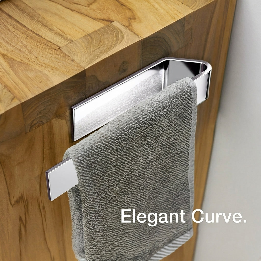 Chrome drill-free adhesive towel bar, elegant curve, holding a towel — chrome lifestyle 22cm
