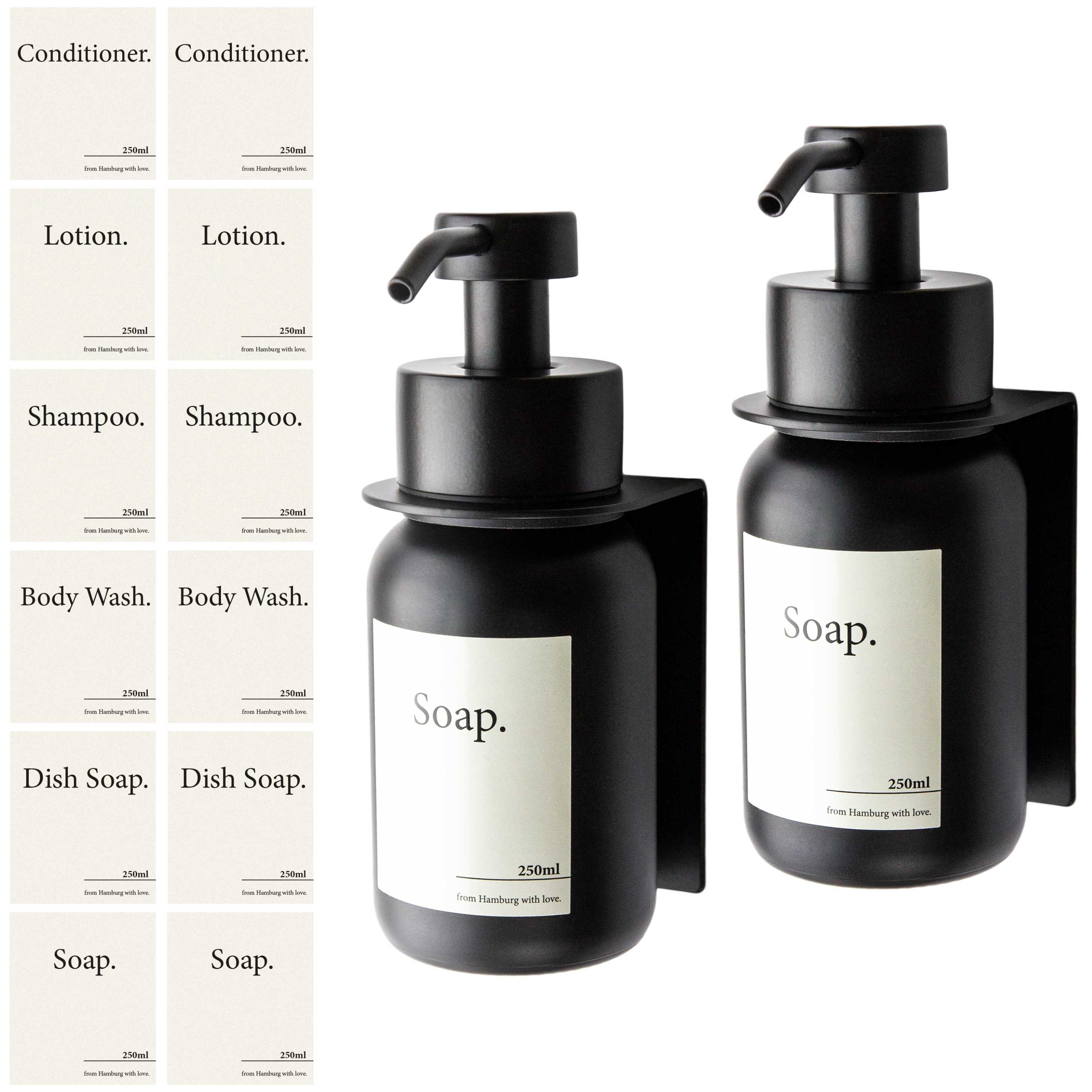 Matte Black soap dispenser with black glass, double pack two bottles