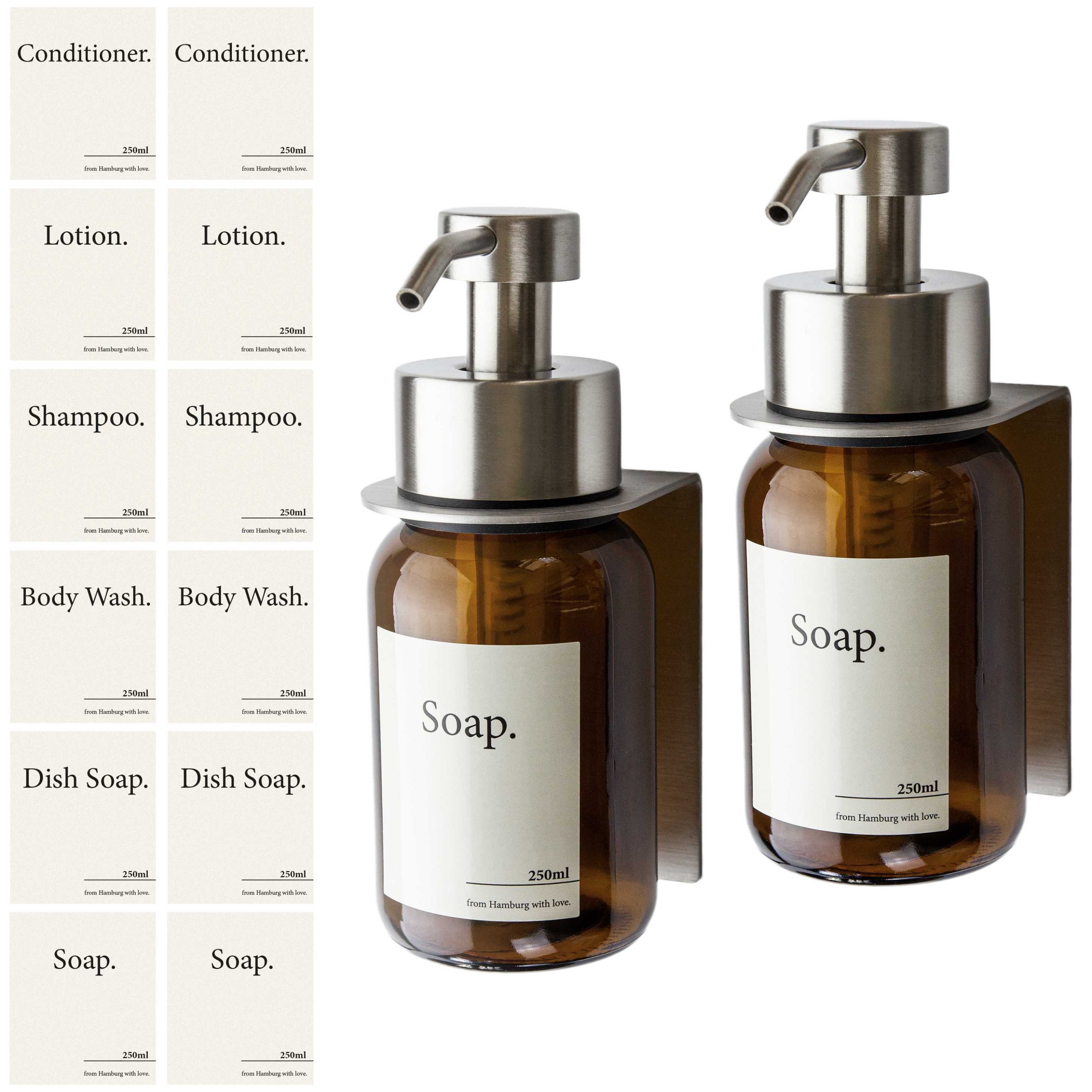 Brushed Steel silver soap dispenser with brown, double pack two bottles