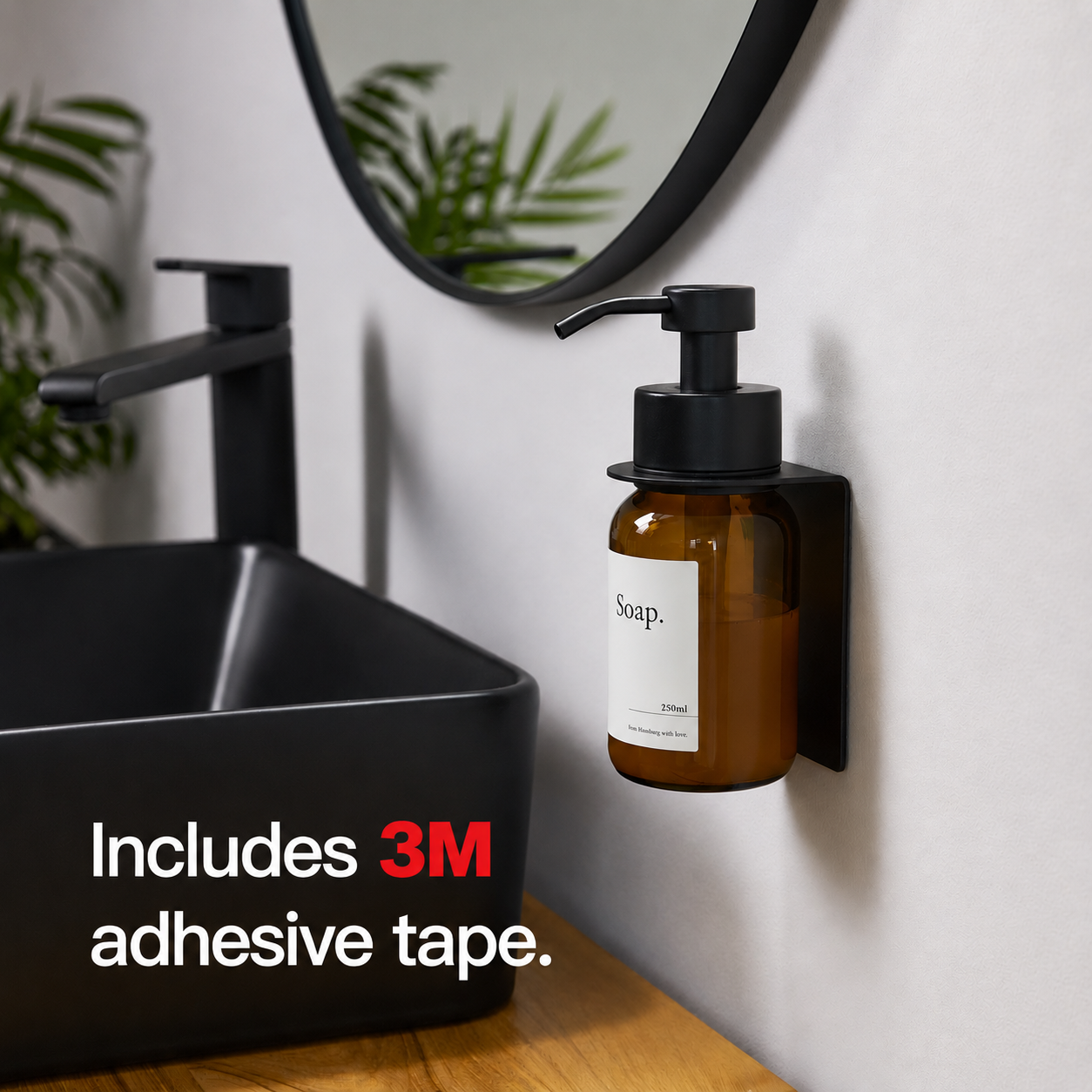 Matte Black soap dispenser with brown, includes 3M adhesive