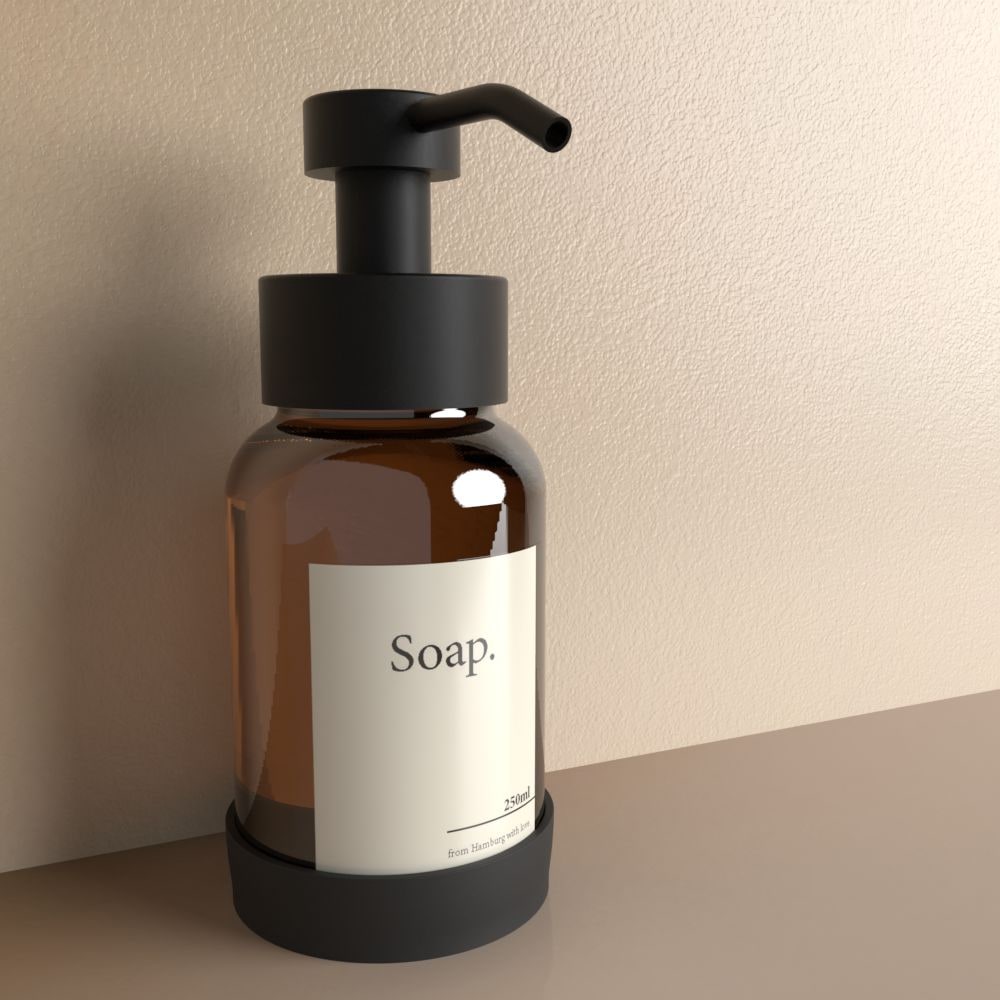 Matte Black freestanding soap dispenser with brown glass, studio shot