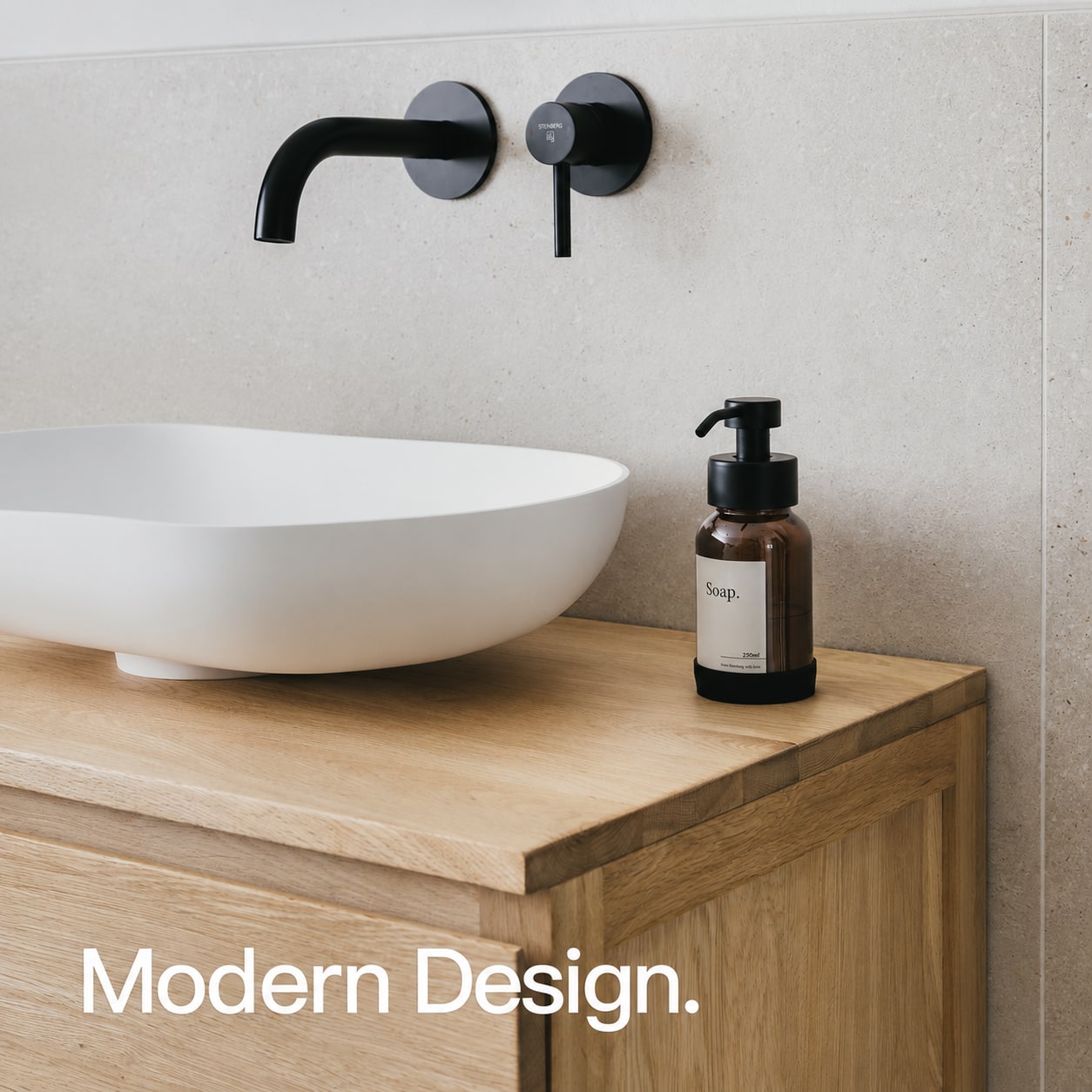 Matte Black freestanding soap dispenser with brown glass, modern design