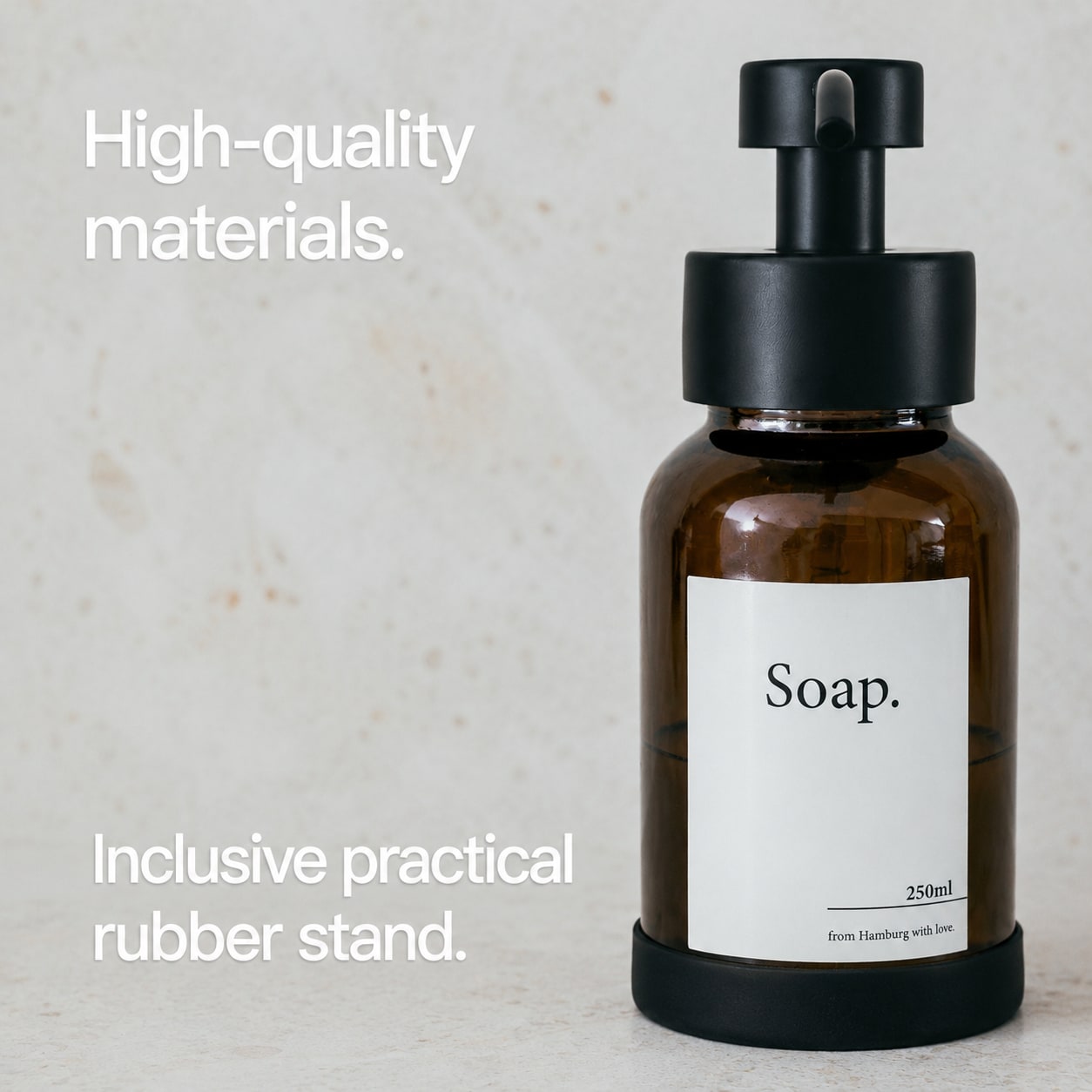 Matte Black freestanding soap dispenser with brown glass, premium materials