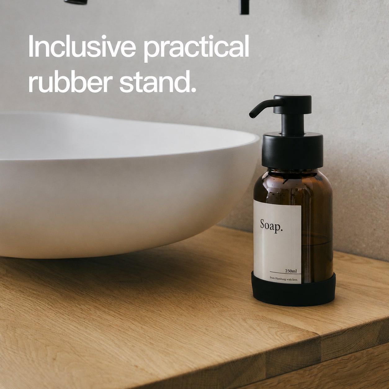Matte Black freestanding soap dispenser with brown glass, non-slip base