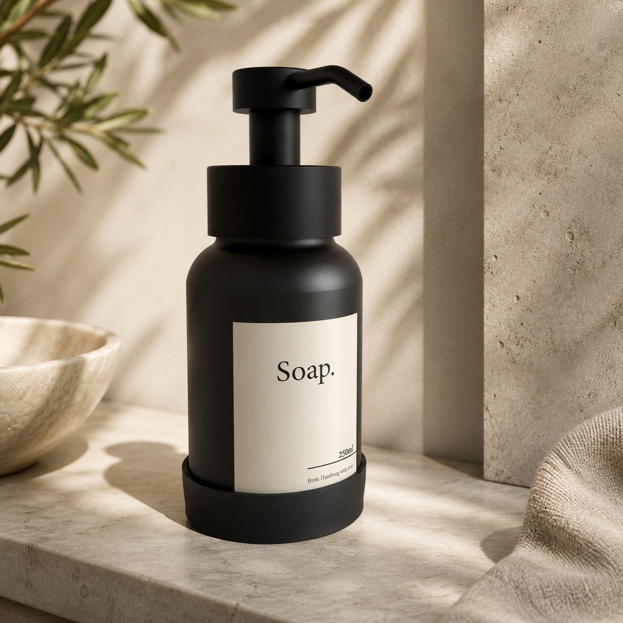 Matte Black freestanding soap dispenser with black glass, studio shot 2