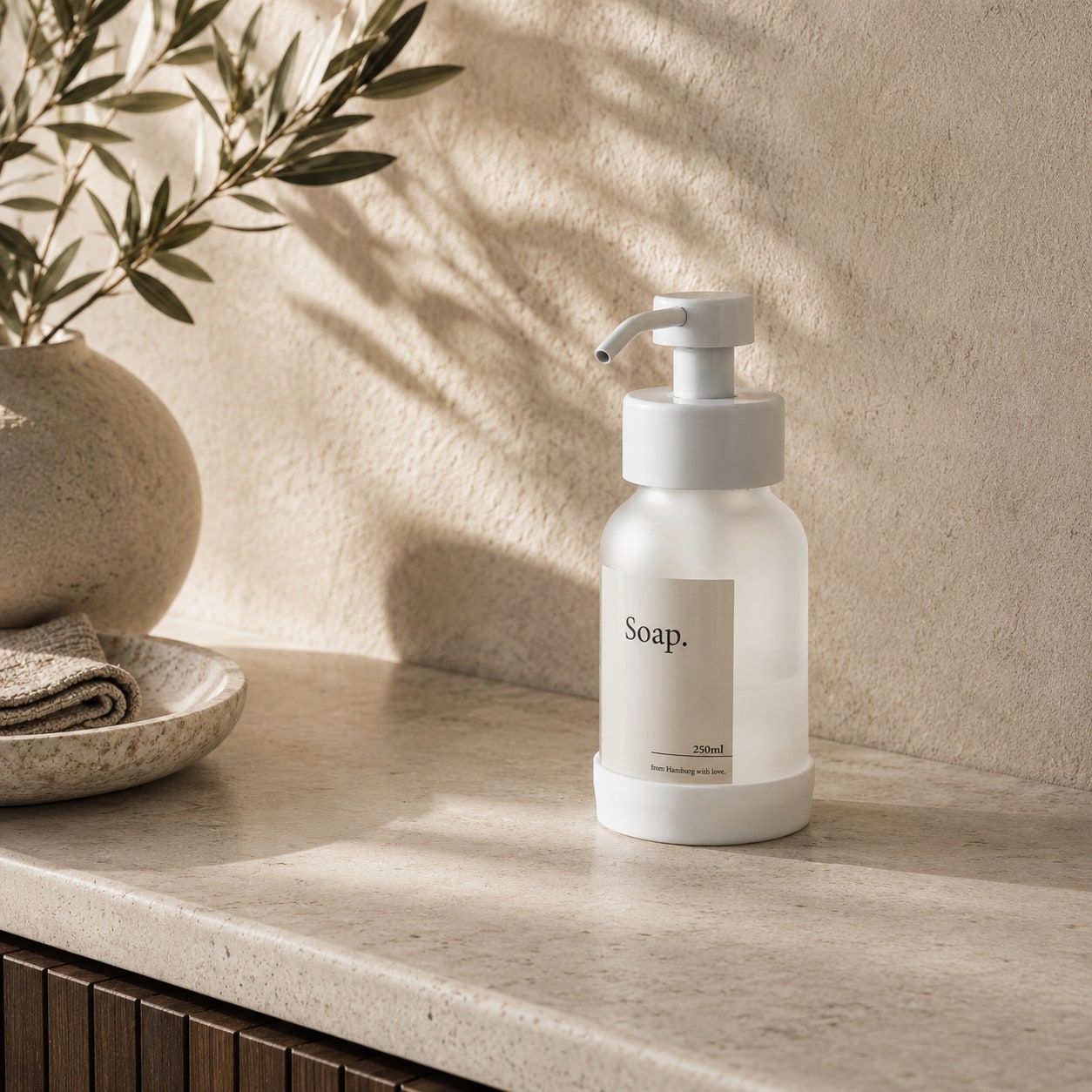 Matte White freestanding soap dispenser with frost glass, studio shot 2