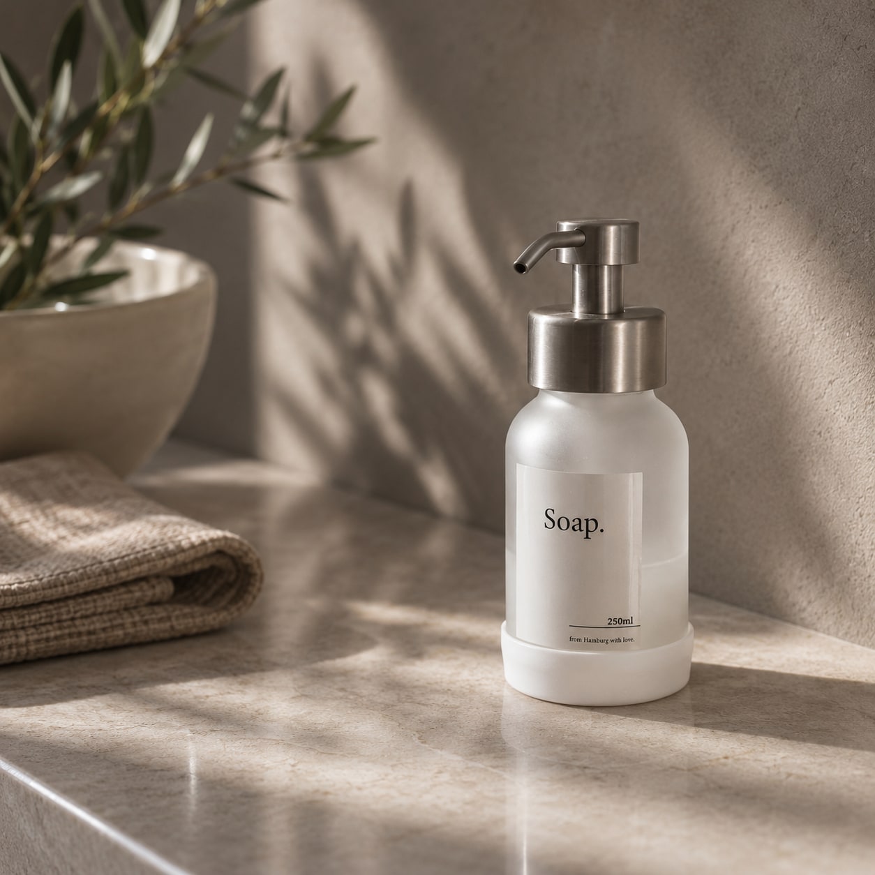 Brushed Steel silver freestanding soap dispenser with frost glass, studio shot 2