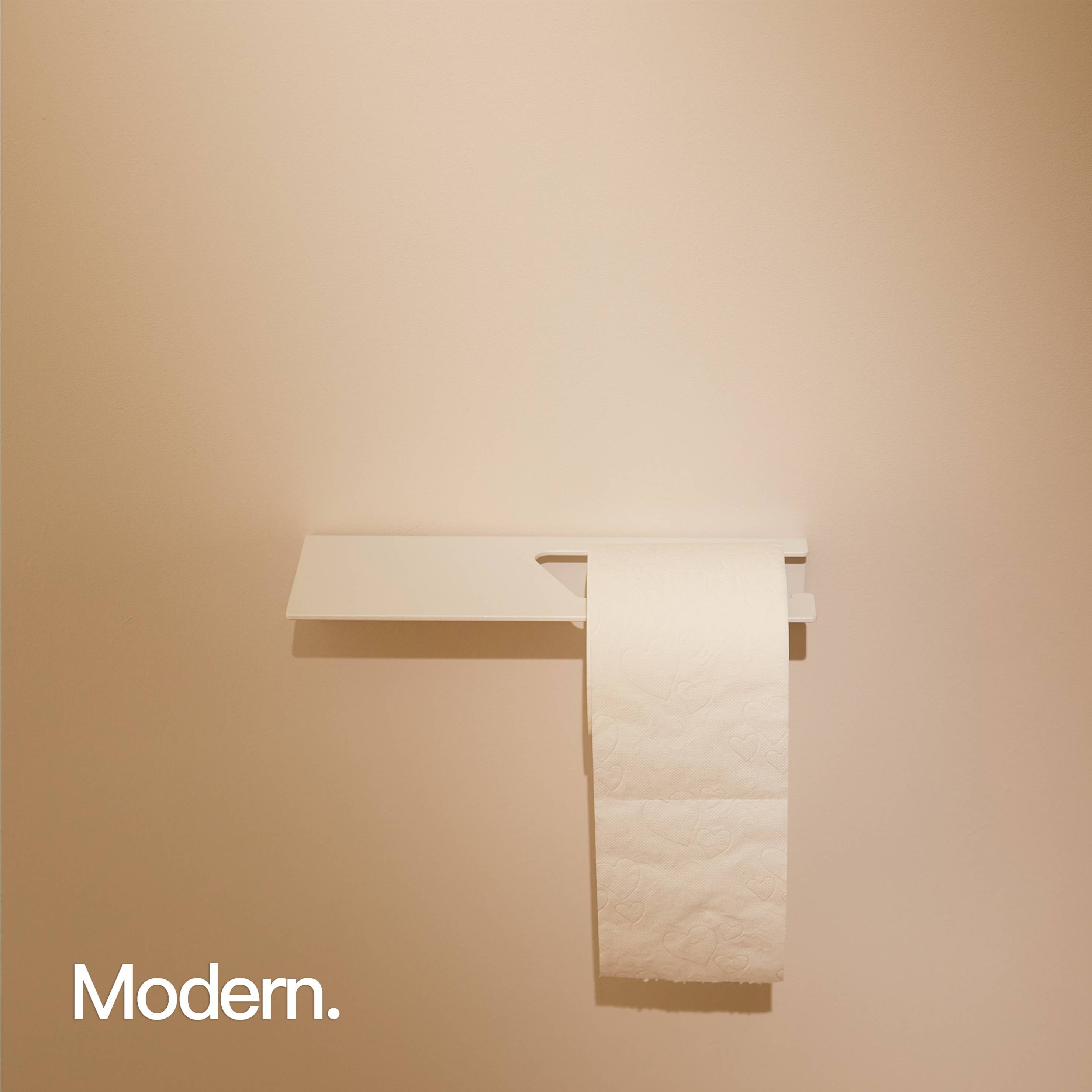 Matte White toilet paper holder with shelf, modern design